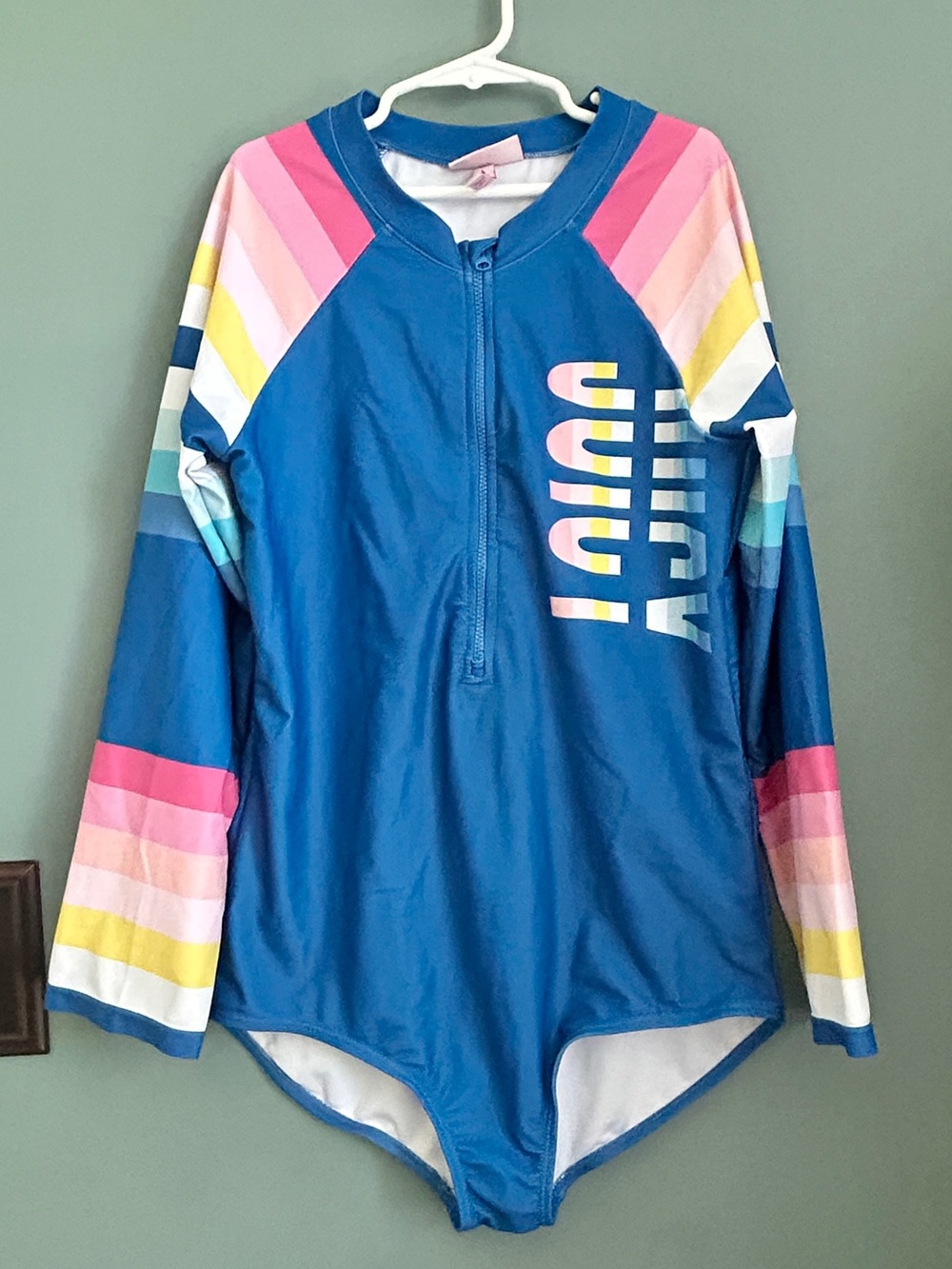Juicy Couture Blue One-Piece Rash Guard Zip Up Swimsuit with Rainbow Stripes XL